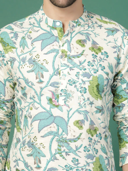 Men white floral printed mandarin collar shirt
