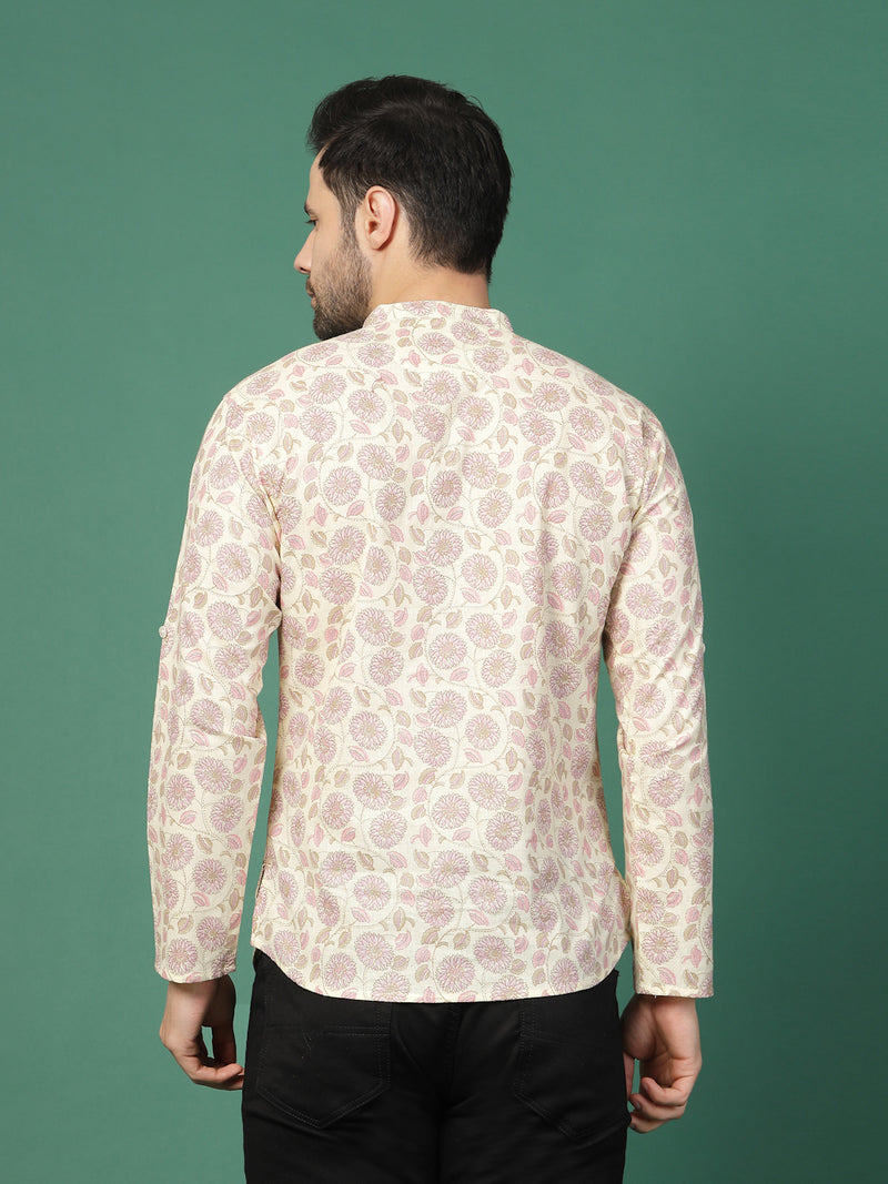 Men White Floral Printed Mandarin Collar Shirt