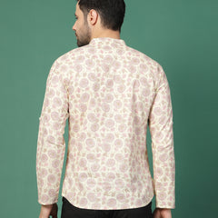 Men White Floral Printed Mandarin Collar Shirt