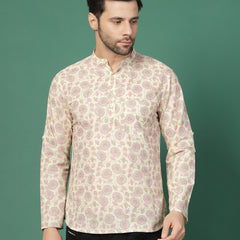 Men White Floral Printed Mandarin Collar Shirt