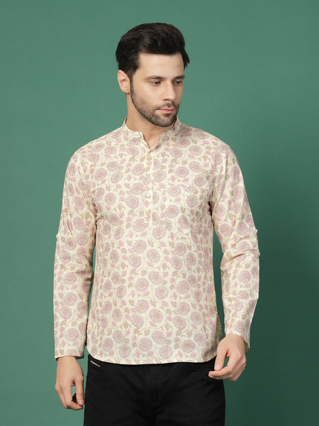 Men White Floral Printed Mandarin Collar Shirt