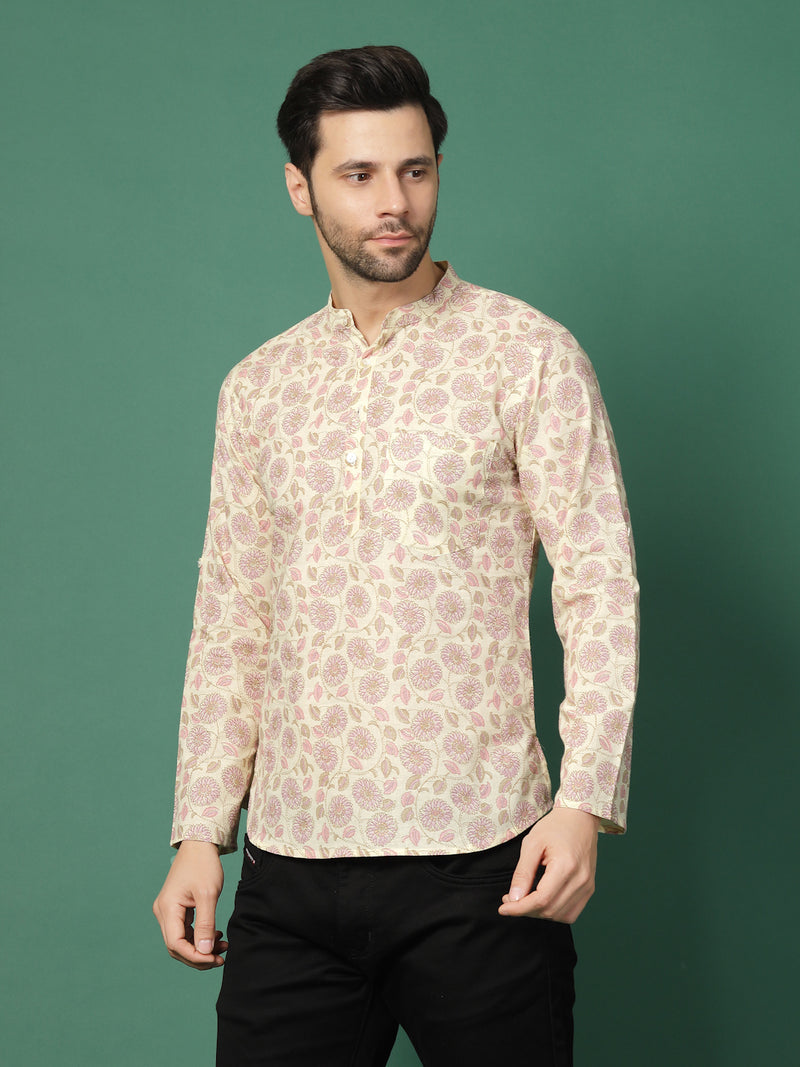 Men White Floral Printed Mandarin Collar Shirt
