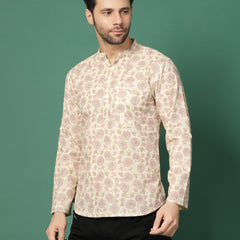 Men White Floral Printed Mandarin Collar Shirt