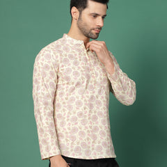 Men White Floral Printed Mandarin Collar Shirt