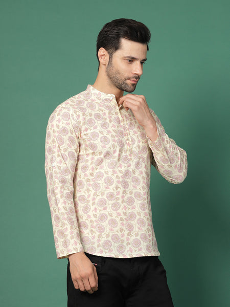Men White Floral Printed Mandarin Collar Shirt