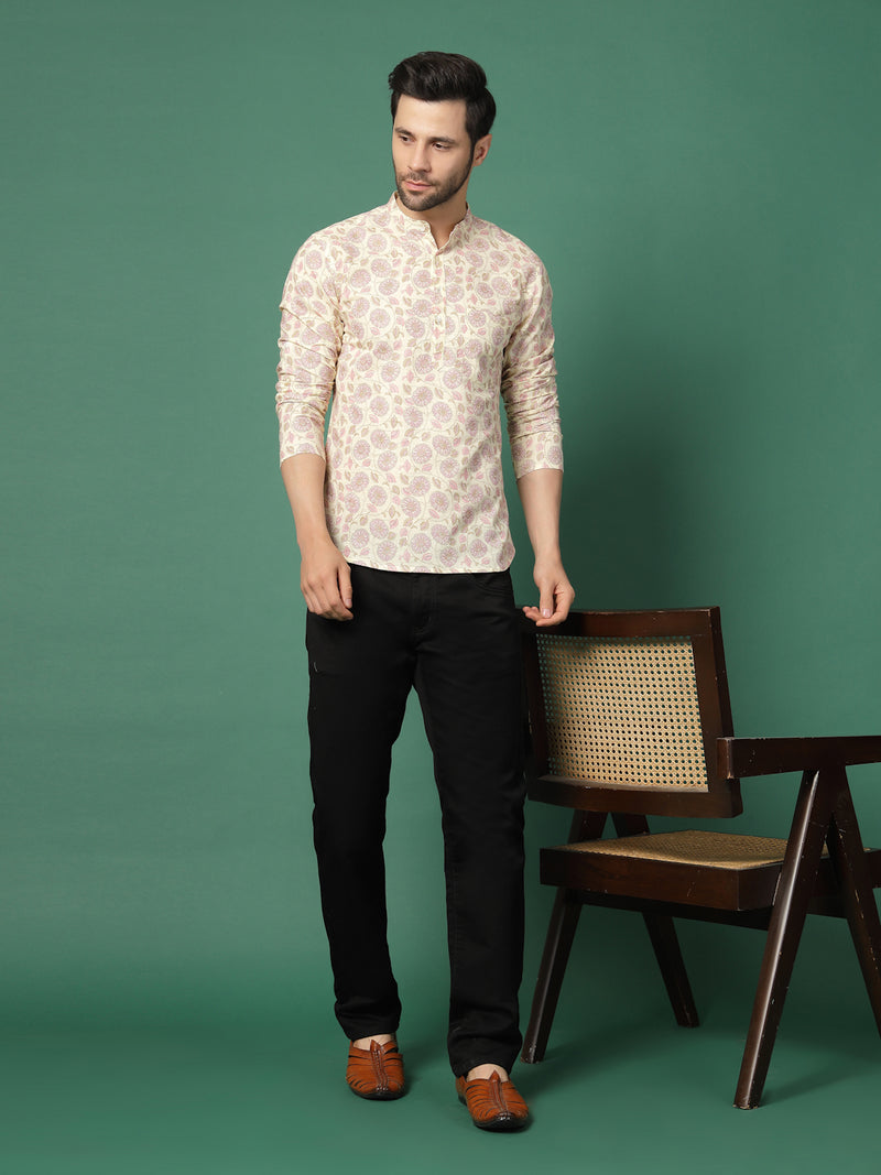 Men White Floral Printed Mandarin Collar Shirt