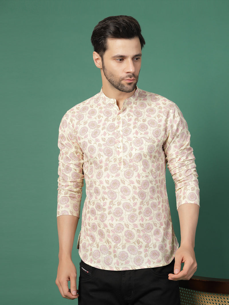 Men White Floral Printed Mandarin Collar Shirt