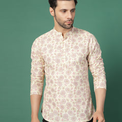 Men White Floral Printed Mandarin Collar Shirt
