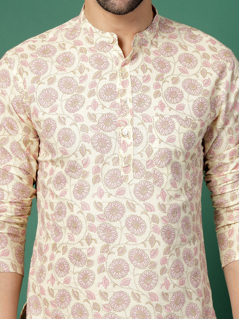 Men White Floral Printed Mandarin Collar Shirt