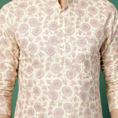 Men White Floral Printed Mandarin Collar Shirt