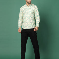 Side view white floral mandarin collar shirt
