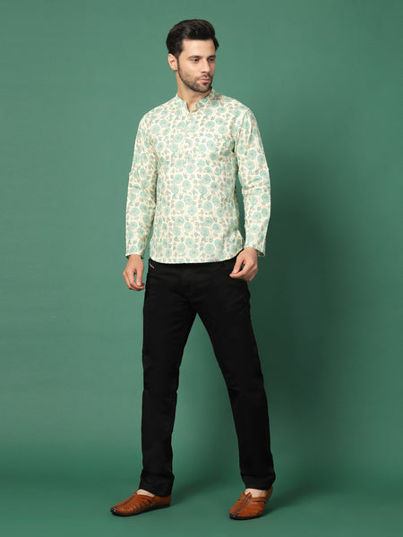 Side view white floral mandarin collar shirt
