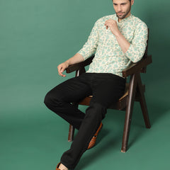 Men white floral printed mandarin collar shirt
