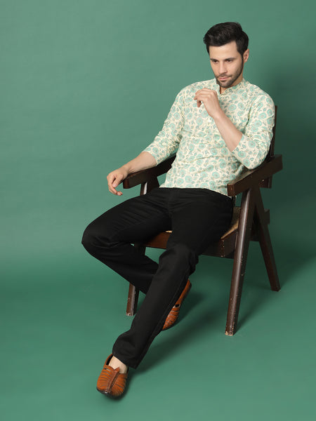 Men white floral printed mandarin collar shirt

