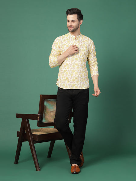 Modern mandarin collar floral shirt front view