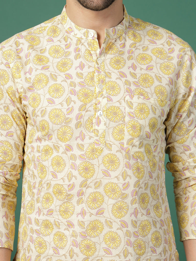 Close-up yellow floral print shirt for men
