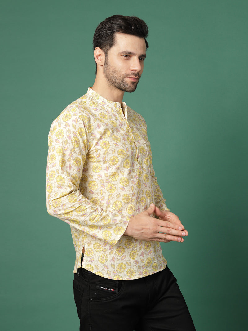 Side view white printed mandarin collar shirt
