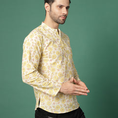 Side view white printed mandarin collar shirt
