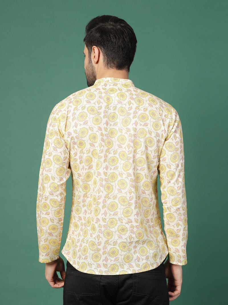 Men white yellow floral printed mandarin shirt
