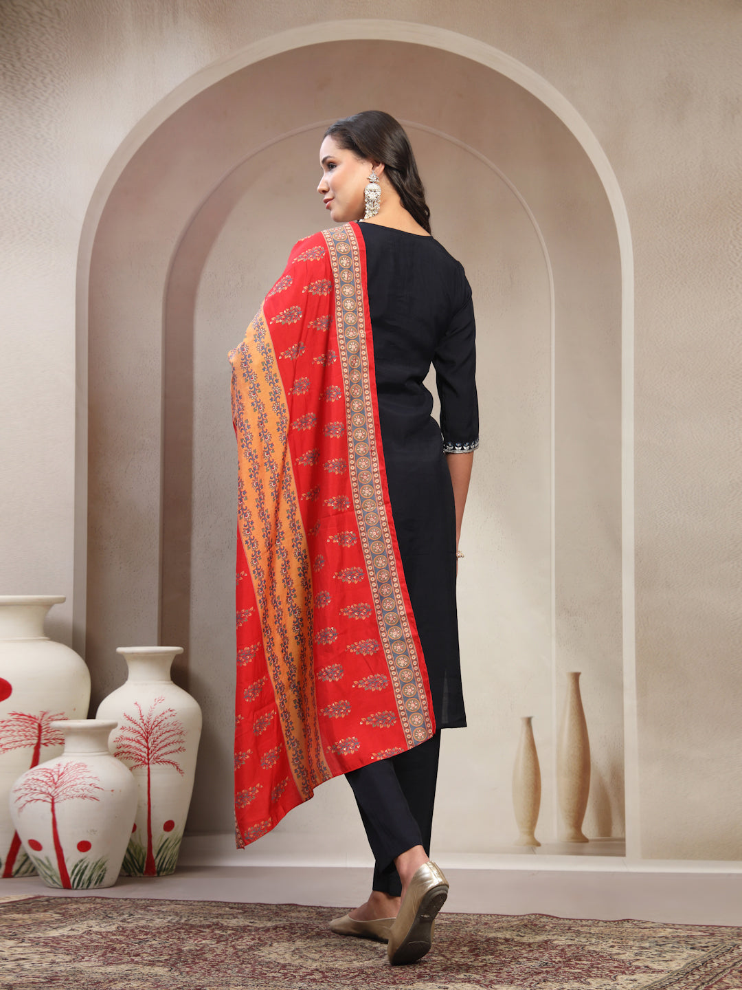 Women Navy Blue Embroidered Pure Silk Round Neck Straight Kurta & Trousers With Dupatta