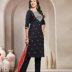 Women Navy Blue Embroidered Pure Silk Round Neck Straight Kurta & Trousers With Dupatta