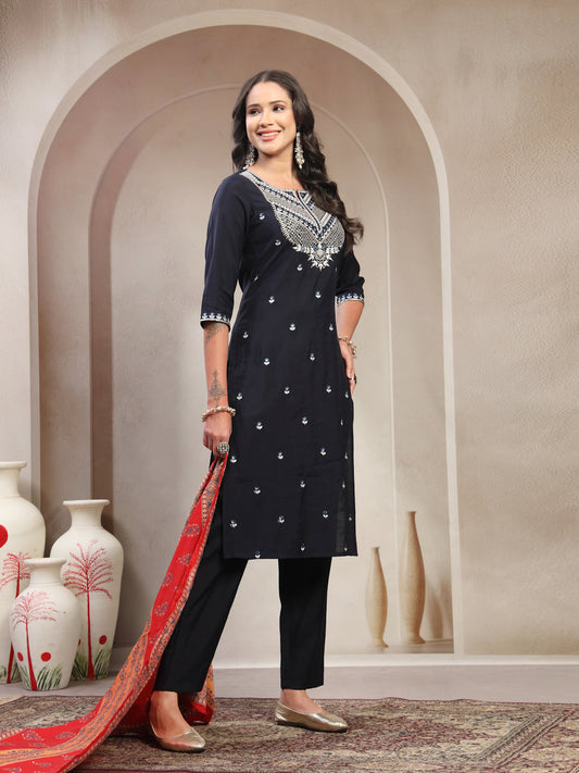 Women Navy Blue Embroidered Pure Silk Round Neck Straight Kurta & Trousers With Dupatta
