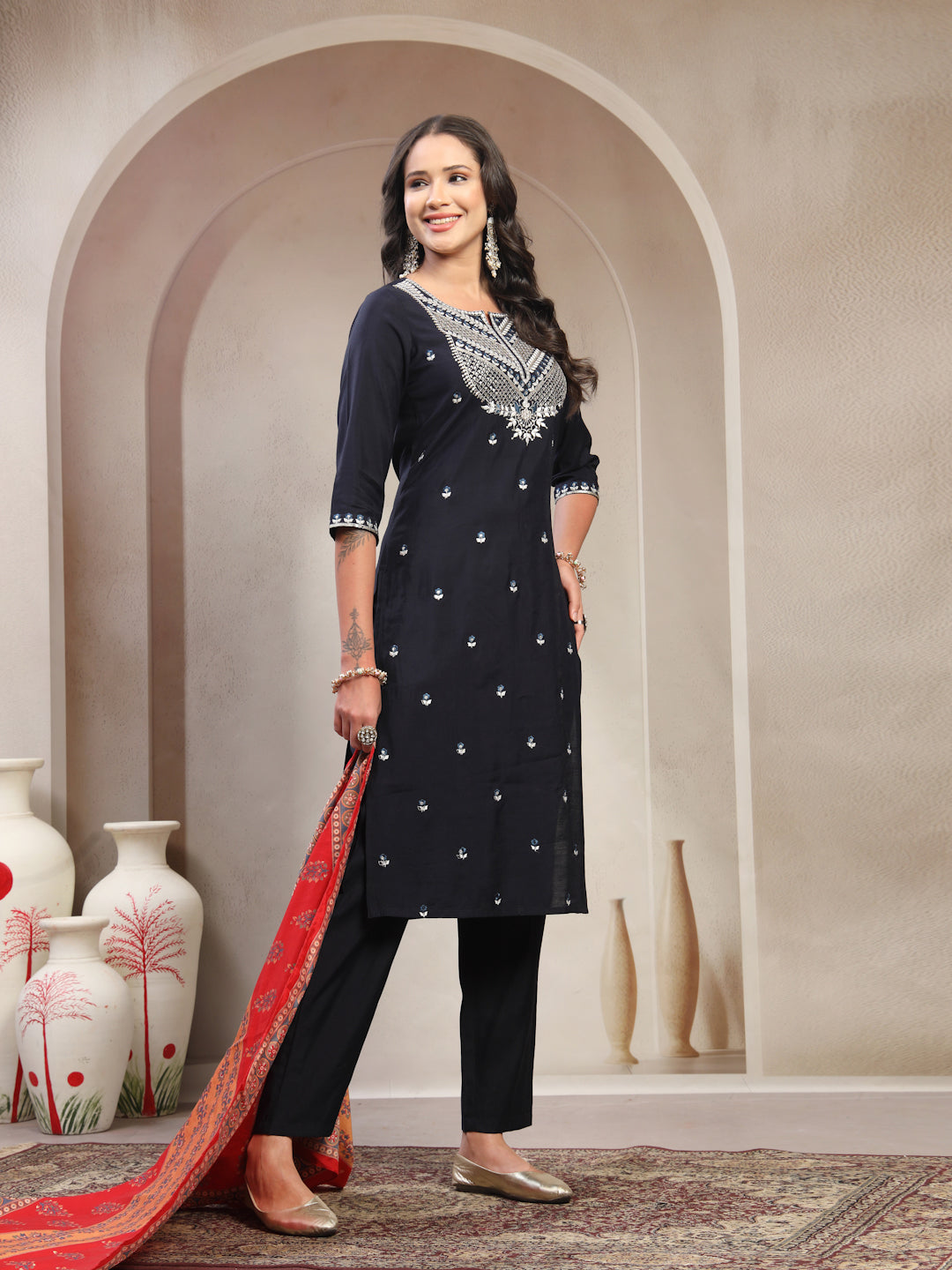 Women Navy Blue Embroidered Pure Silk Round Neck Straight Kurta & Trousers With Dupatta