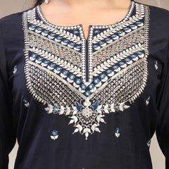 Women Navy Blue Embroidered Pure Silk Round Neck Straight Kurta & Trousers With Dupatta