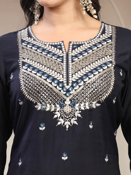 Women Navy Blue Embroidered Pure Silk Round Neck Straight Kurta & Trousers With Dupatta