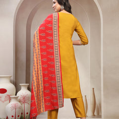 Women Mustard Embroidered Pure Silk Round Neck Straight Kurta & Trousers With Dupatta