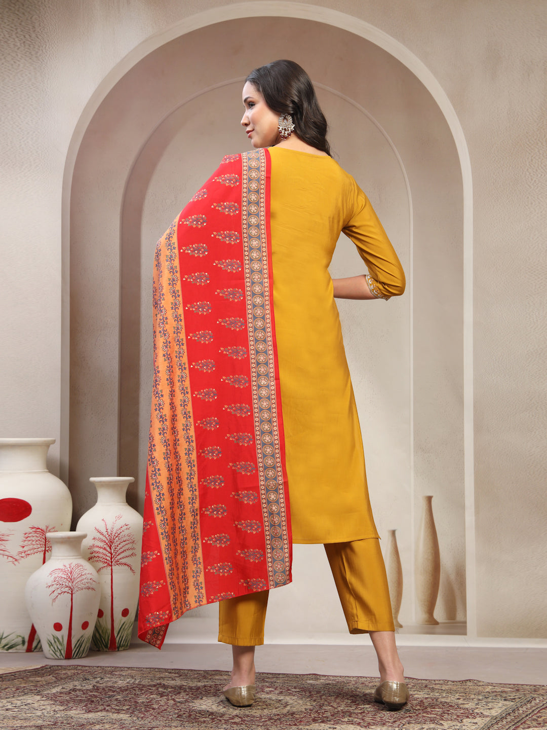 Women Mustard Embroidered Pure Silk Round Neck Straight Kurta & Trousers With Dupatta