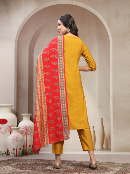 Women Mustard Embroidered Pure Silk Round Neck Straight Kurta & Trousers With Dupatta