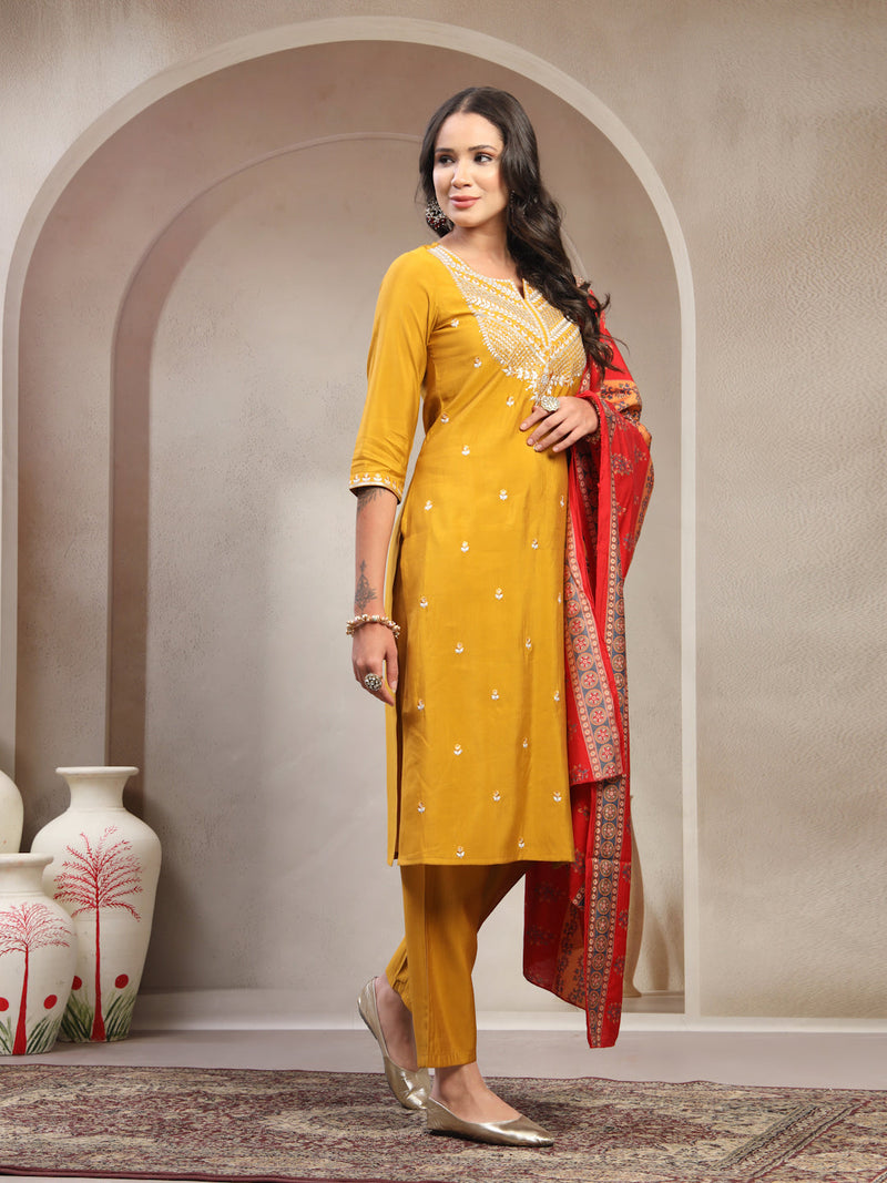 Women Mustard Embroidered Pure Silk Round Neck Straight Kurta & Trousers With Dupatta