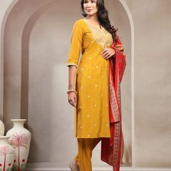 Women Mustard Embroidered Pure Silk Round Neck Straight Kurta & Trousers With Dupatta