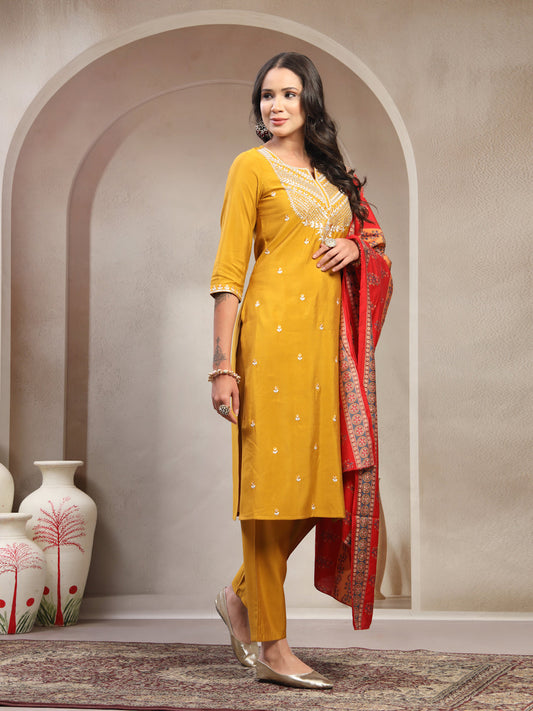 Women Mustard Embroidered Pure Silk Round Neck Straight Kurta & Trousers With Dupatta