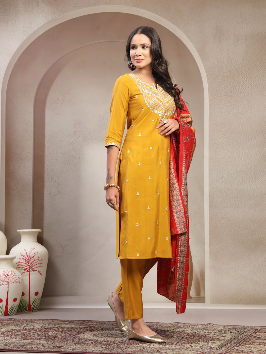Women Mustard Embroidered Pure Silk Round Neck Straight Kurta & Trousers With Dupatta