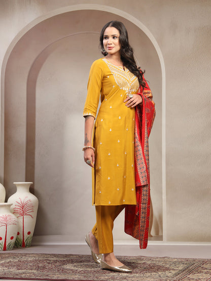 Women Mustard Embroidered Pure Silk Round Neck Straight Kurta & Trousers With Dupatta