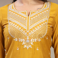 Women Mustard Embroidered Pure Silk Round Neck Straight Kurta & Trousers With Dupatta