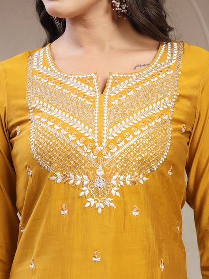 Women Mustard Embroidered Pure Silk Round Neck Straight Kurta & Trousers With Dupatta
