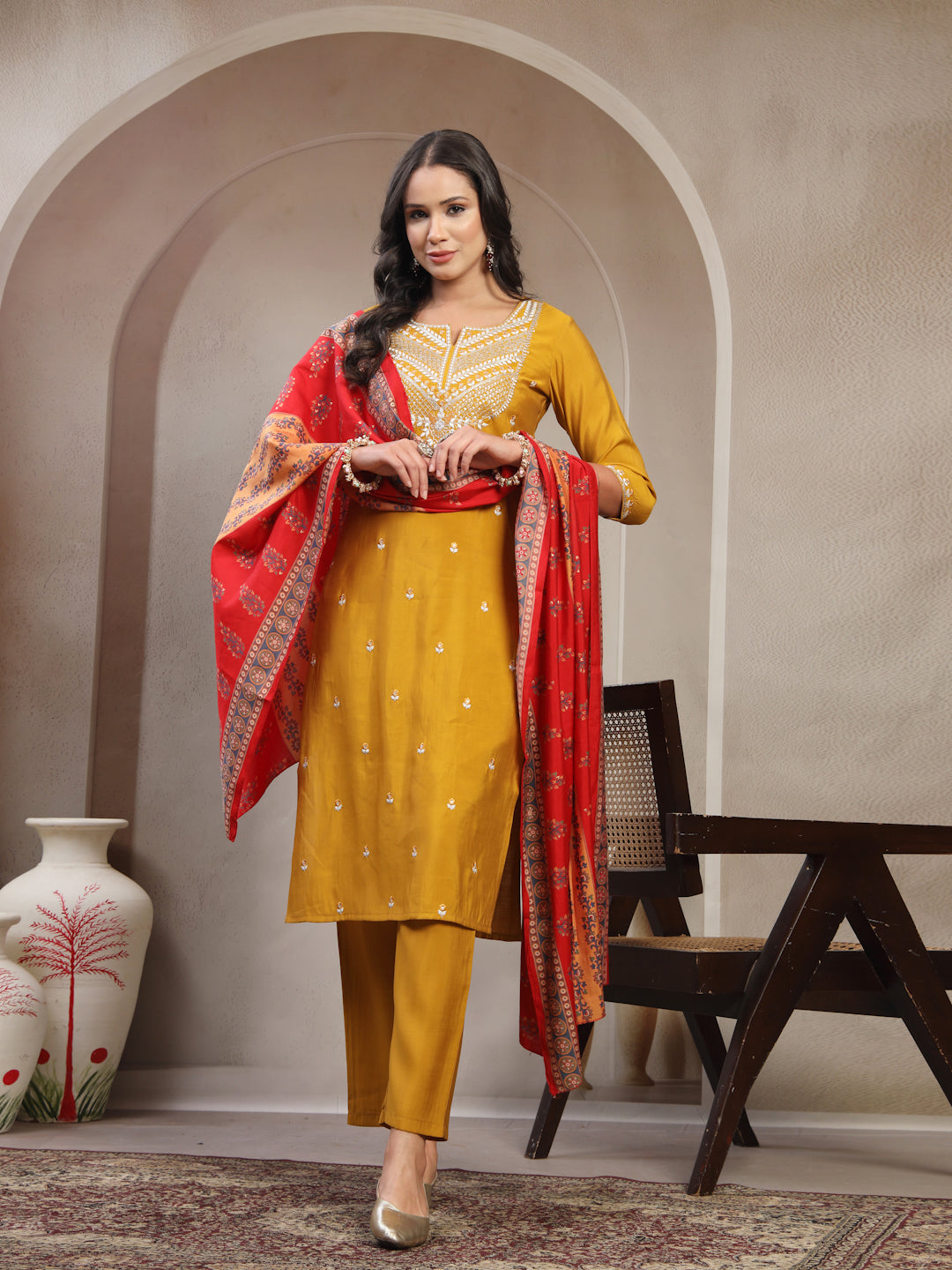 Women Mustard Embroidered Pure Silk Round Neck Straight Kurta & Trousers With Dupatta