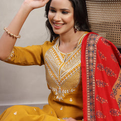 Women Mustard Embroidered Pure Silk Round Neck Straight Kurta & Trousers With Dupatta