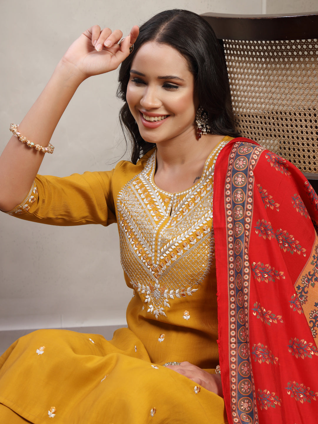 Women Mustard Embroidered Pure Silk Round Neck Straight Kurta & Trousers With Dupatta