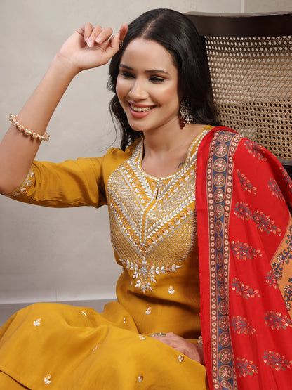Women Mustard Embroidered Pure Silk Round Neck Straight Kurta & Trousers With Dupatta