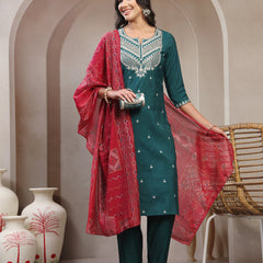Women Green Embroidered Pure Silk Round Neck Straight Kurta & Trousers With Dupatta