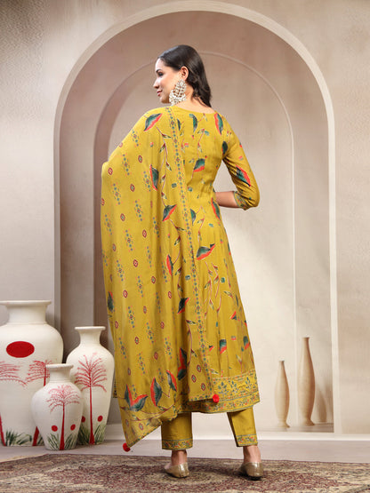 Women Lime Green Embroidered Kurta & Trousers with Dupatta Set
