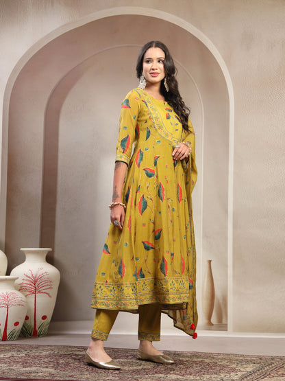 Women Lime Green Embroidered Kurta & Trousers with Dupatta Set
