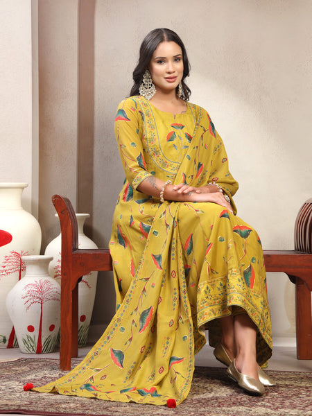 Women Lime Green Embroidered Kurta & Trousers with Dupatta Set