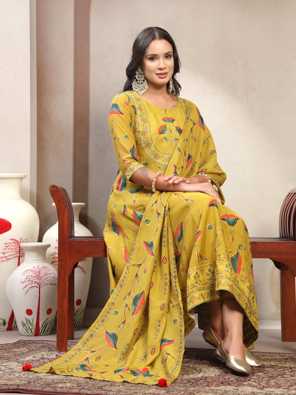 Women Lime Green Embroidered Kurta & Trousers with Dupatta Set