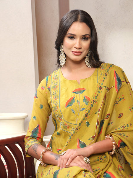 Women Lime Green Embroidered Kurta & Trousers with Dupatta Set