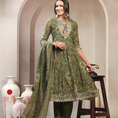 Women Green Bandhan Printed with Embroidered Kurta & Trousers with Dupatta